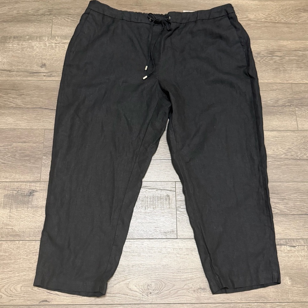 CHICO'S ELASTIC BACK DRAWSTRING 100% LINEN ANKLE PANT BLACK Sz 4R US 20R NWT